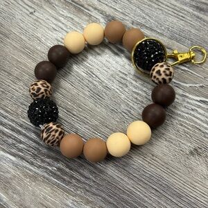 Leopard Print and Black Beaded Keychain Bracelet
